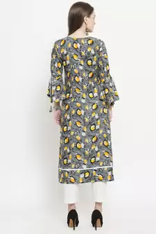 Grey Rayon Flower Print Straight Kurta With Ankle Length Trouser