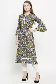 Grey Rayon Flower Print Straight Kurta With Ankle Length Trouser