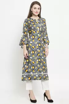 Grey Rayon Flower Print Straight Kurta With Ankle Length Trouser