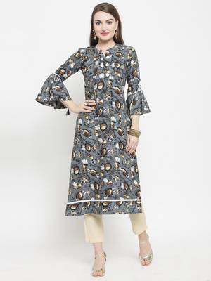 Grey Rayon Flower Print Straight Kurta With Ankle Length Trouser 1