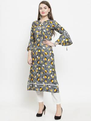 Grey Rayon Flower Print Straight Kurta With Ankle Length Trouser 4