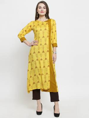 Indibelle Yellow Rayon Printed A-Line kurta With Ankle Length Trouser 1