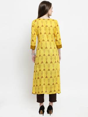 Indibelle Yellow Rayon Printed A-Line kurta With Ankle Length Trouser 3