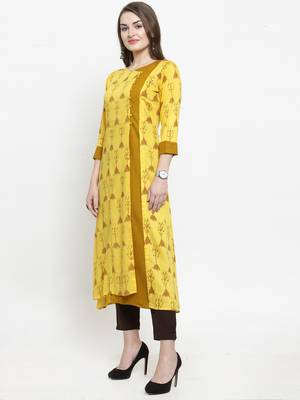 Indibelle Yellow Rayon Printed A-Line kurta With Ankle Length Trouser 4