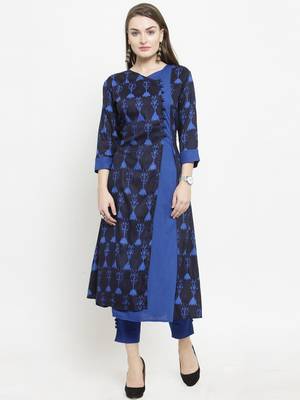 Indibelle Dark Blue Rayon Printed A-Line kurta With Ankle Length Trouser 1