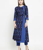 Indibelle Dark Blue Rayon Printed A-Line kurta With Ankle Length Trouser