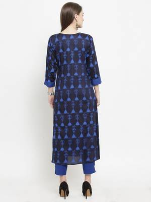 Indibelle Dark Blue Rayon Printed A-Line kurta With Ankle Length Trouser 3