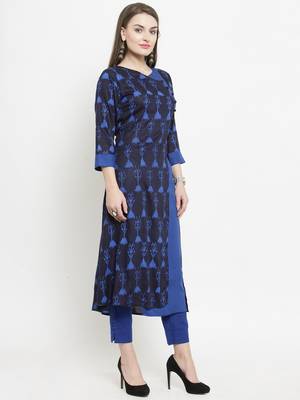 Indibelle Dark Blue Rayon Printed A-Line kurta With Ankle Length Trouser 5