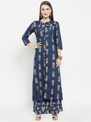 Indibelle Blue Rayon Double Layer Printed A-Line kurta With Palazzos 1