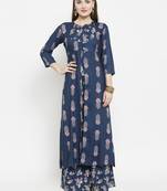 Indibelle Blue Rayon Double Layer Printed A-Line kurta With Palazzos