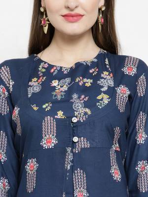 Indibelle Blue Rayon Double Layer Printed A-Line kurta With Palazzos 2