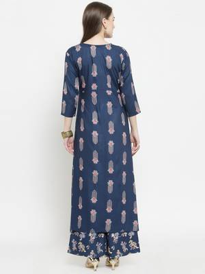 Indibelle Blue Rayon Double Layer Printed A-Line kurta With Palazzos 3