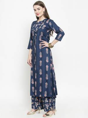 Indibelle Blue Rayon Double Layer Printed A-Line kurta With Palazzos 4