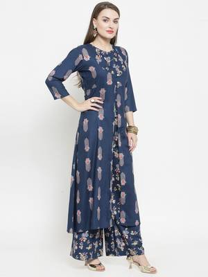 Indibelle Blue Rayon Double Layer Printed A-Line kurta With Palazzos 5