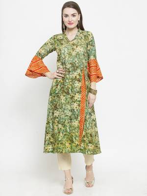 Olive Rayon Printed A-Line Kurta With Ankle Length Trouser 1