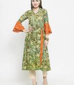 Indibelle Olive Rayon Printed A-Line Kurta With Ankle Length Trouser