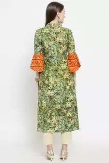 Olive Rayon Printed A-Line Kurta With Ankle Length Trouser