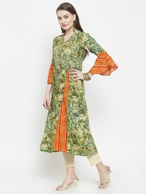 Olive Rayon Printed A-Line Kurta With Ankle Length Trouser 4