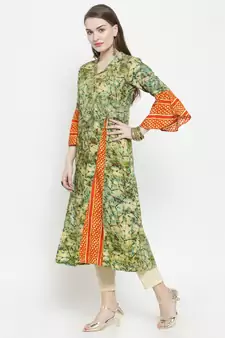 Olive Rayon Printed A-Line Kurta With Ankle Length Trouser