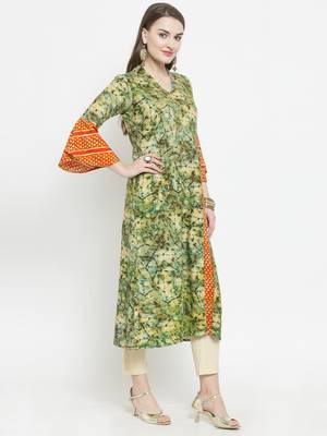 Olive Rayon Printed A-Line Kurta With Ankle Length Trouser 5