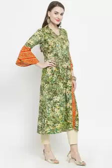 Olive Rayon Printed A-Line Kurta With Ankle Length Trouser