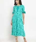 Indibelle Teal Rayon Printed A-Line Kurta With Ankle Length Trouser