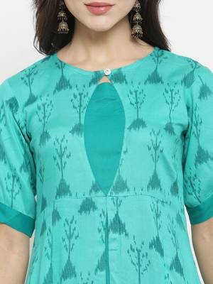 Teal Rayon Printed A-Line Kurta With Ankle Length Trouser 2