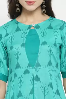 Teal Rayon Printed A-Line Kurta With Ankle Length Trouser