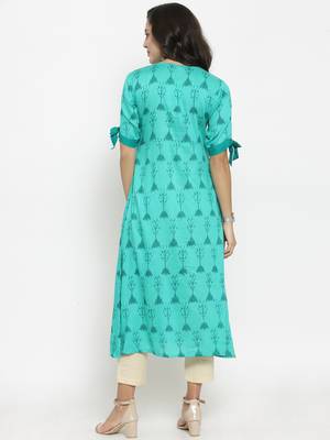 Teal Rayon Printed A-Line Kurta With Ankle Length Trouser 3