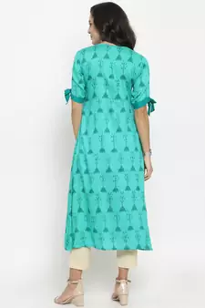 Teal Rayon Printed A-Line Kurta With Ankle Length Trouser