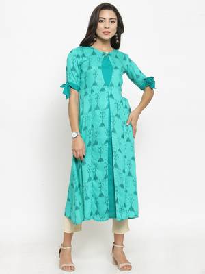 Teal Rayon Printed A-Line Kurta With Ankle Length Trouser 4