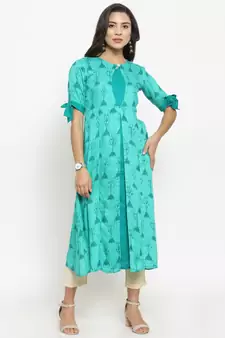 Teal Rayon Printed A-Line Kurta With Ankle Length Trouser