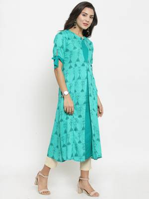 Teal Rayon Printed A-Line Kurta With Ankle Length Trouser 5