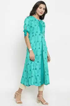 Teal Rayon Printed A-Line Kurta With Ankle Length Trouser