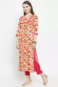 Pink Rayon Printed Straight Kurta With Ankle Length Trouser
