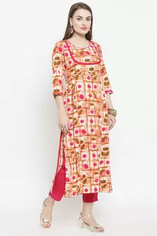 Pink Rayon Printed Straight Kurta With Ankle Length Trouser