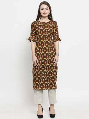 Indibelle Brown Rayon Printed Straight Kurta With Ankle Length Trouser 1
