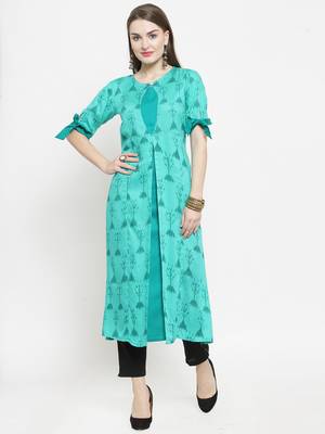 Teal Rayon Printed A-Line Kurta With Ankle Length Trouser 1