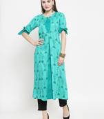 Indibelle Teal Rayon Printed A-Line Kurta With Ankle Length Trouser