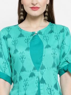 Teal Rayon Printed A-Line Kurta With Ankle Length Trouser 2