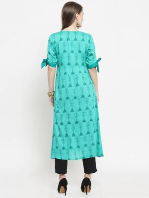 Teal Rayon Printed A-Line Kurta With Ankle Length Trouser 3