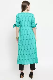 Teal Rayon Printed A-Line Kurta With Ankle Length Trouser