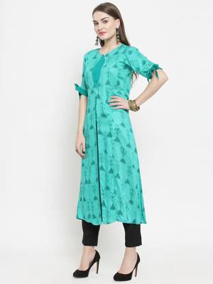 Teal Rayon Printed A-Line Kurta With Ankle Length Trouser 4