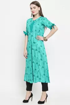 Teal Rayon Printed A-Line Kurta With Ankle Length Trouser