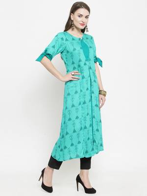 Teal Rayon Printed A-Line Kurta With Ankle Length Trouser 5