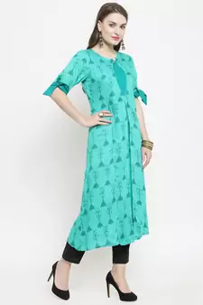 Teal Rayon Printed A-Line Kurta With Ankle Length Trouser