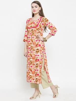 Indibelle Pink Rayon Printed Straight Kurta With Ankle Length Trouser 4