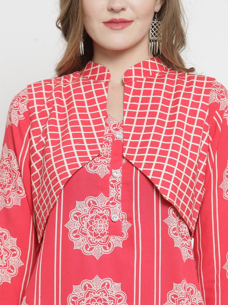 Indibelle Pink Rayon Printed Straight Kurta With Short Jacket With Trouser