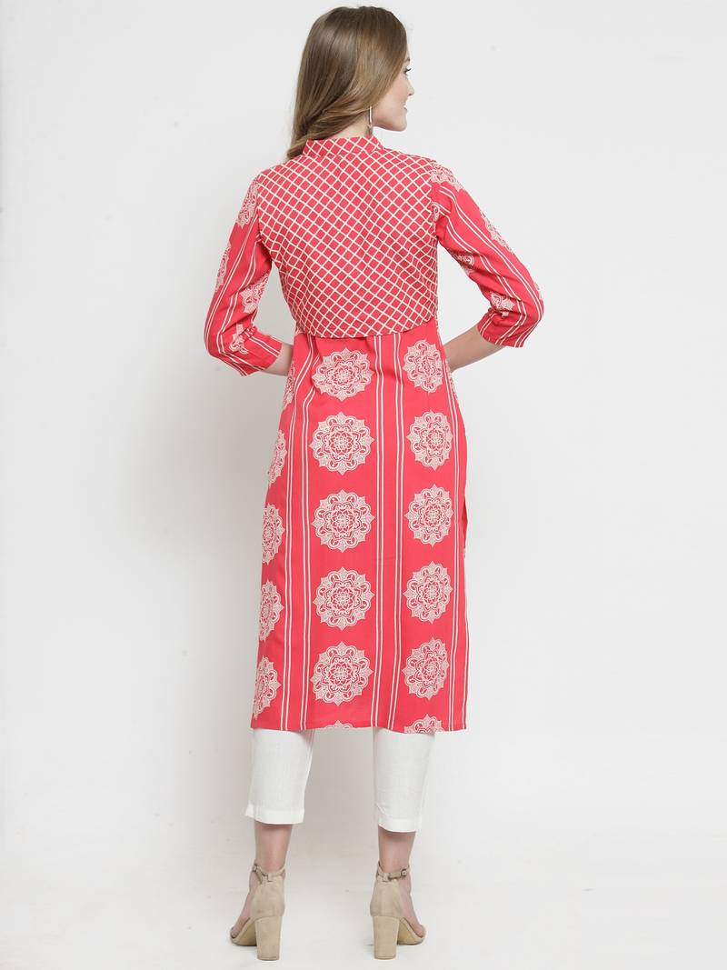 Indibelle Pink Rayon Printed Straight Kurta With Short Jacket With Trouser