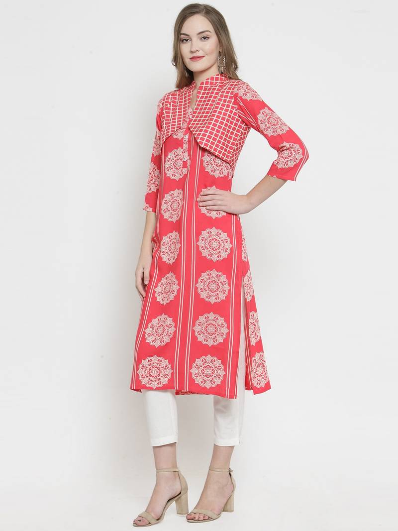 Indibelle Pink Rayon Printed Straight Kurta With Short Jacket With Trouser